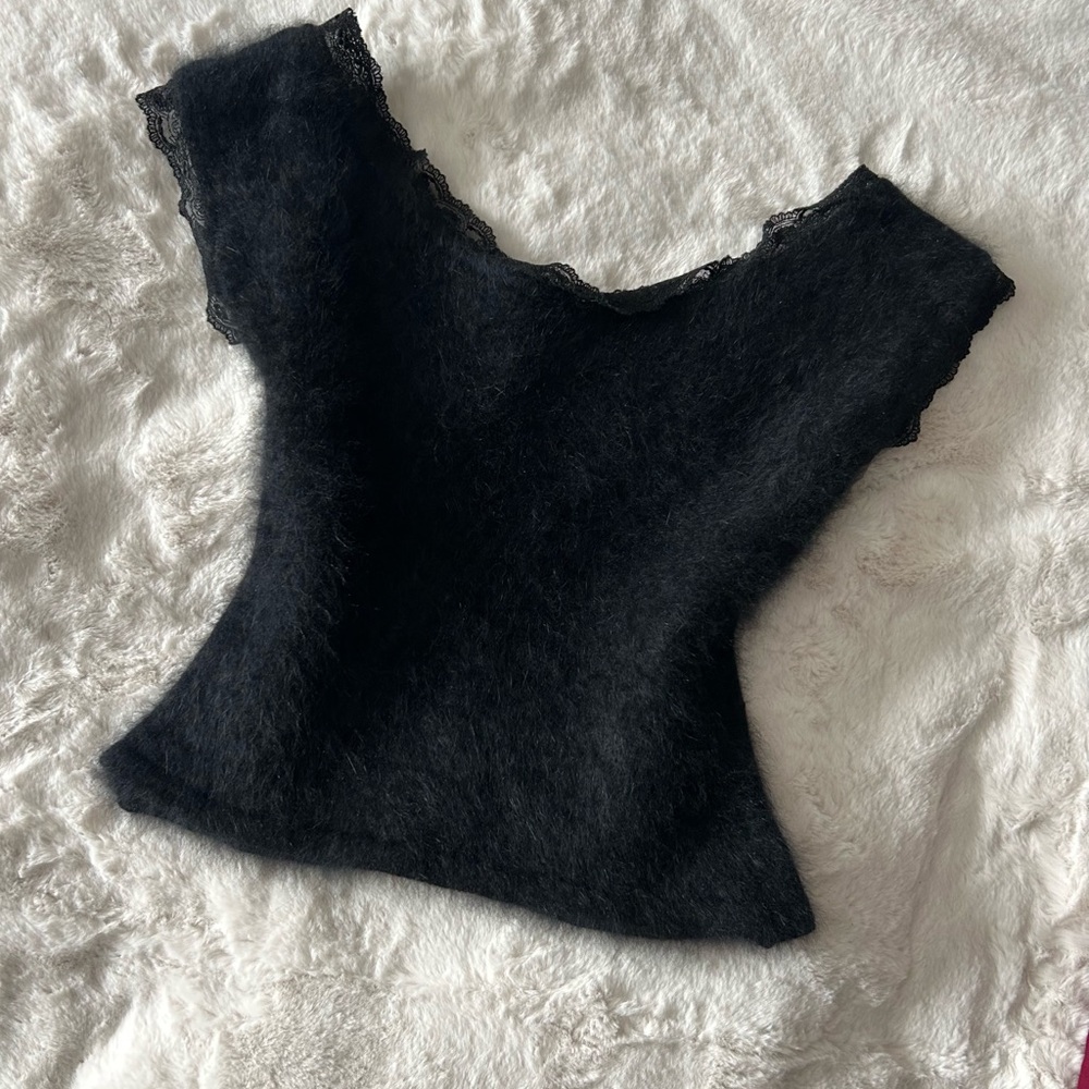 Black Lace Trimmed Angora Wool Top